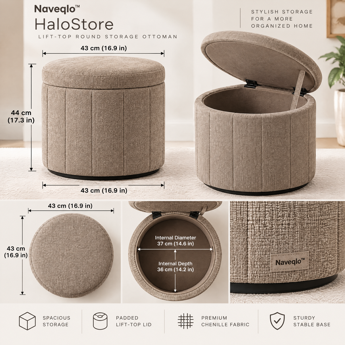 Naveqlo™ HaloStore Lift-Top Round Storage Ottoman image 6