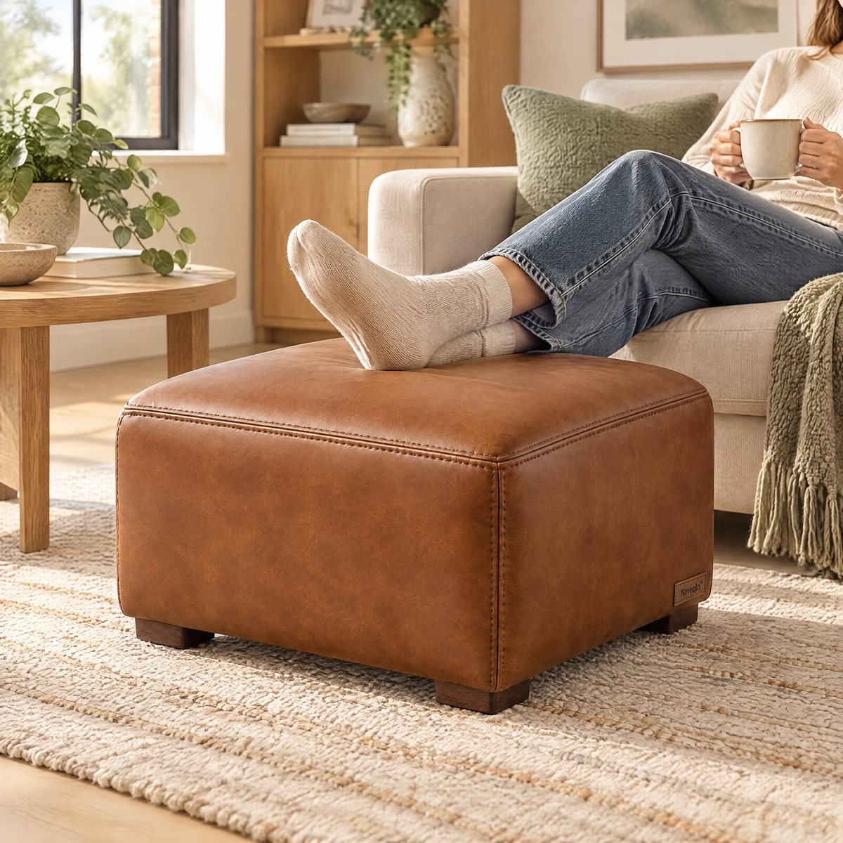 Naveqlo™ LeatherBlock Thick Padded Square Vegan Leather Footrest product view