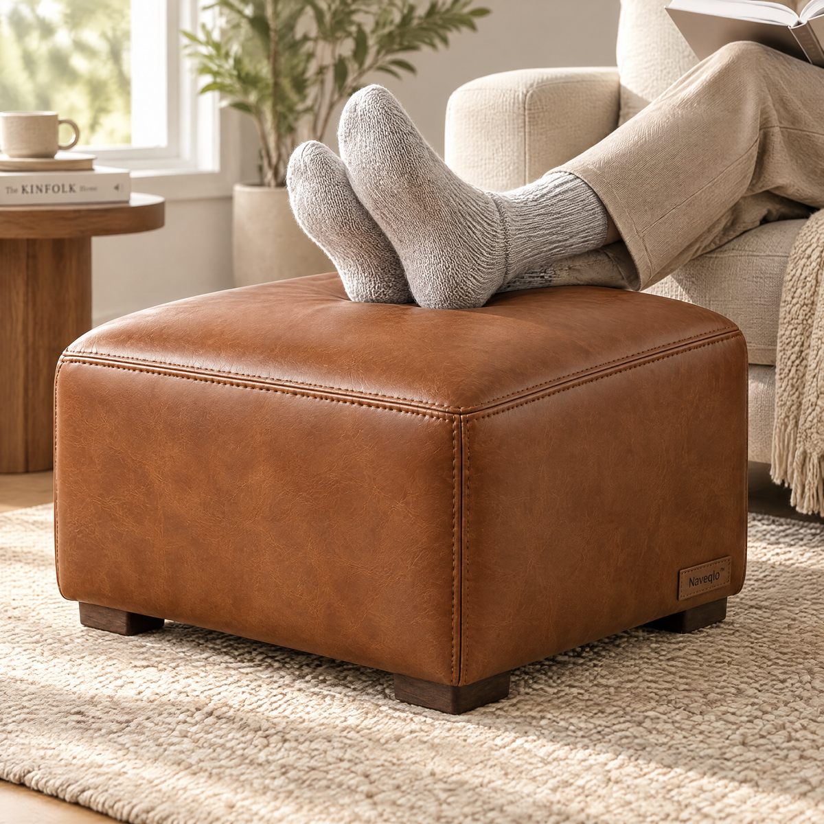 Naveqlo™ LeatherBlock Thick Padded Square Vegan Leather Footrest image 3