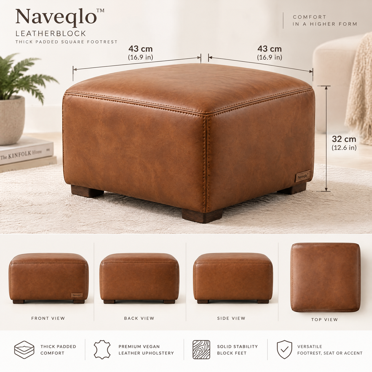 Naveqlo™ LeatherBlock Thick Padded Square Vegan Leather Footrest image 6