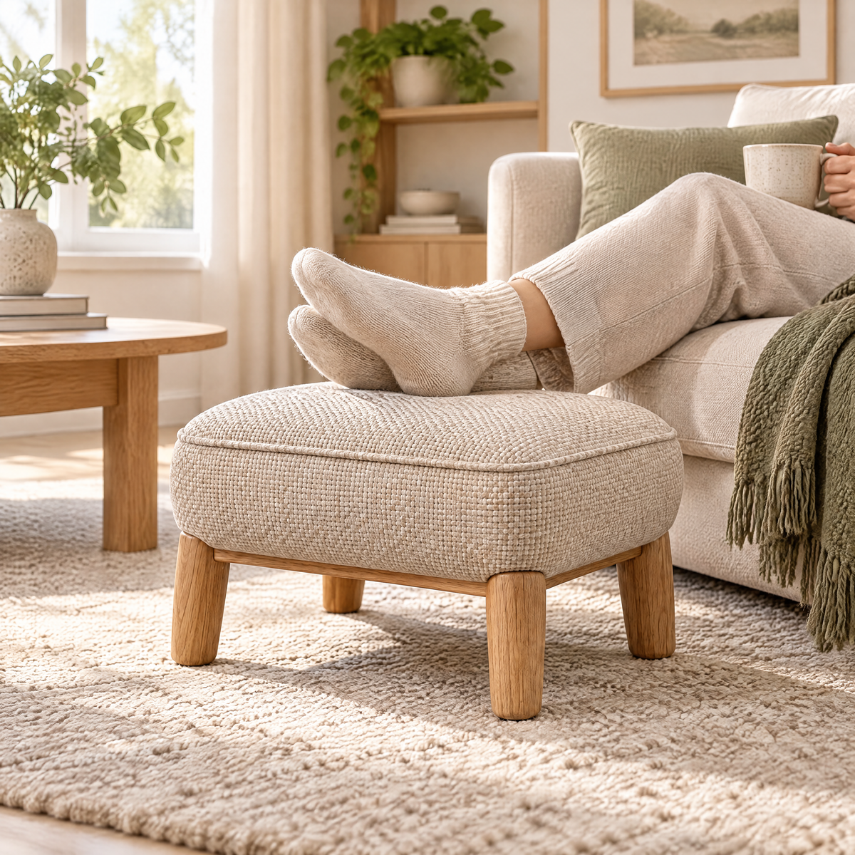 Naveqlo™ OakEase Solid-Wood Rounded Fabric Footstool product view