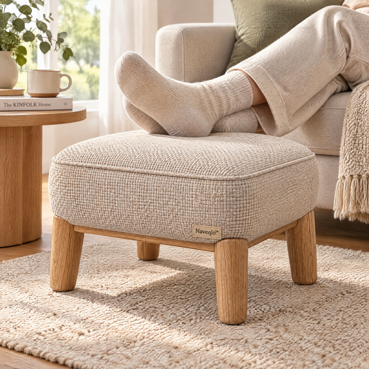 Naveqlo™ OakEase Solid-Wood Rounded Fabric Footstool image 3