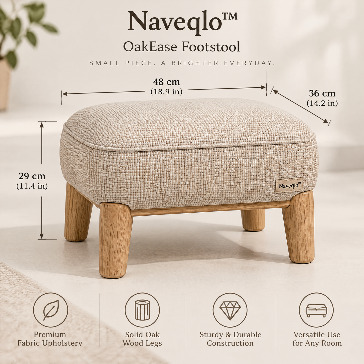 Naveqlo™ OakEase Solid-Wood Rounded Fabric Footstool image 6