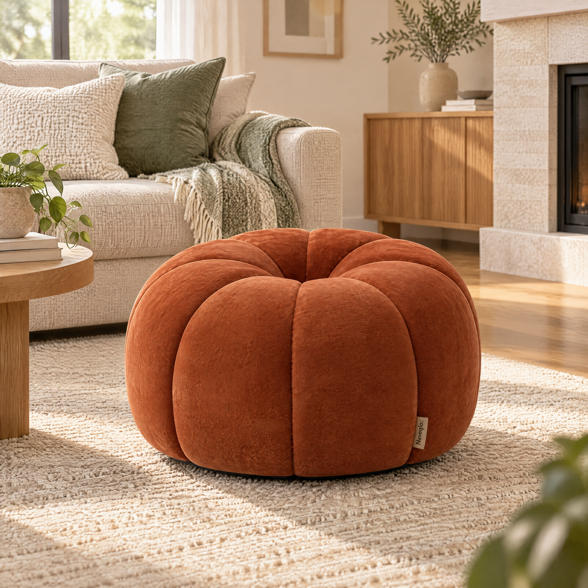 Naveqlo™ PumpkinNest Channel-Tufted Pumpkin Round Pouf product view