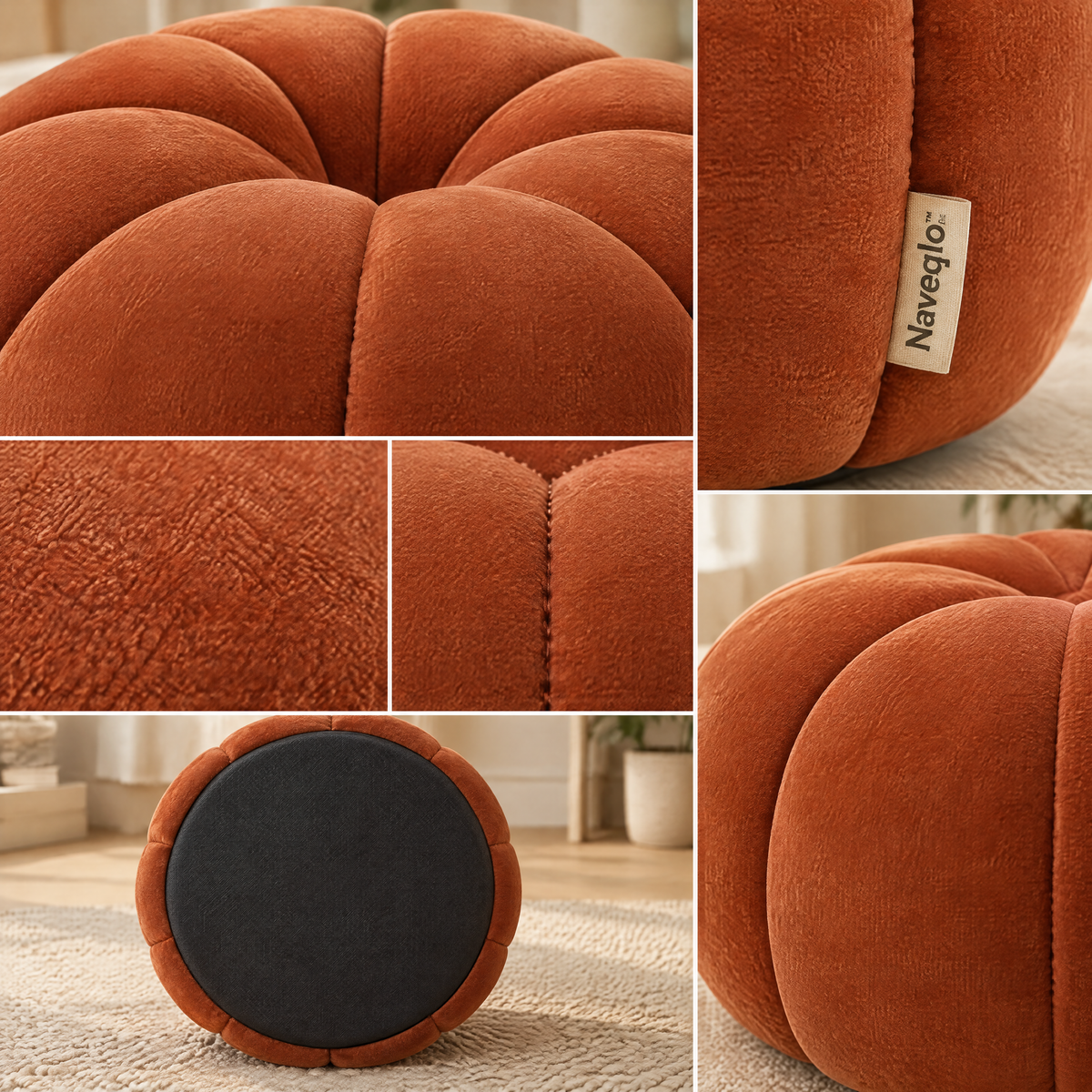 Naveqlo™ PumpkinNest Channel-Tufted Pumpkin Round Pouf image 4