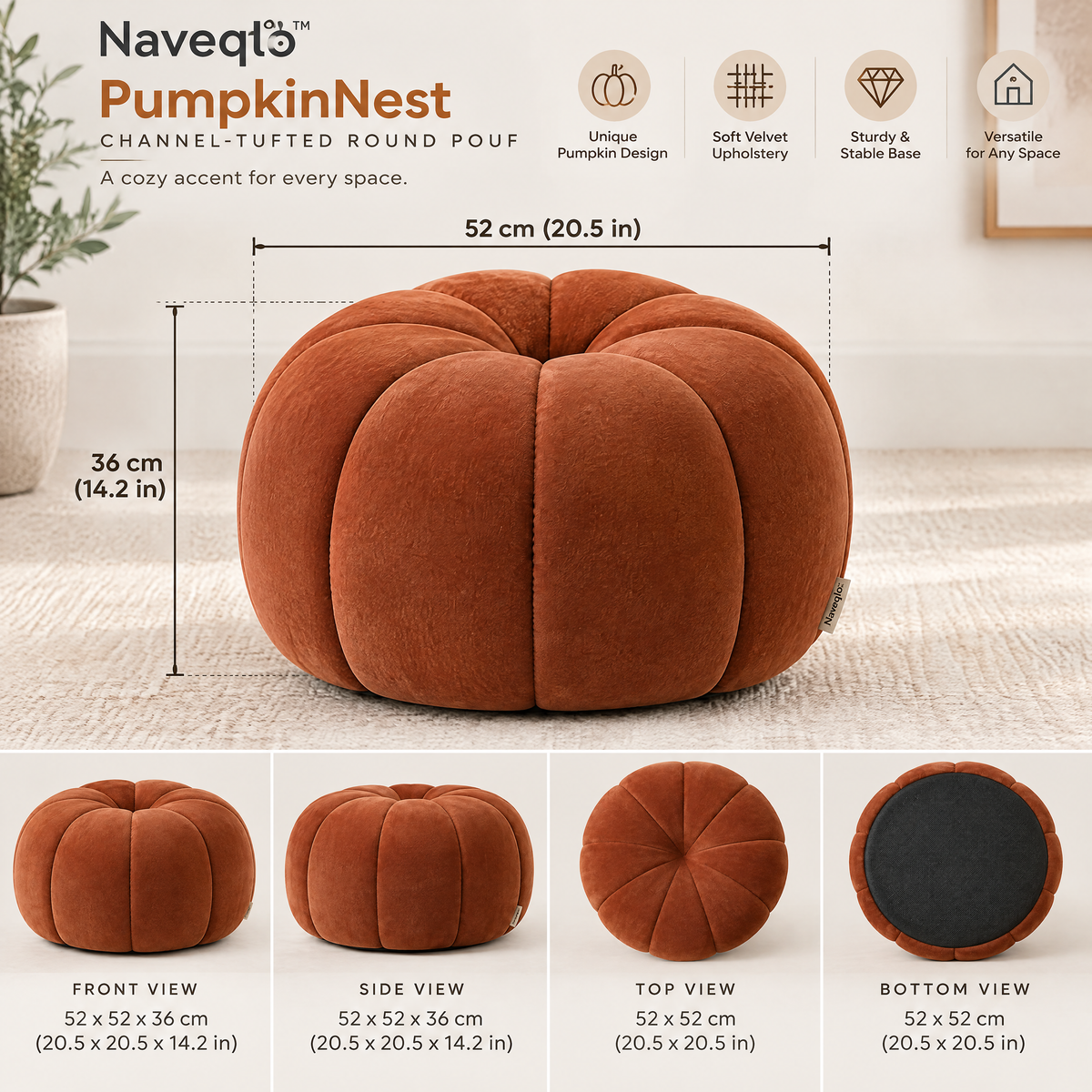 Naveqlo™ PumpkinNest Channel-Tufted Pumpkin Round Pouf image 6