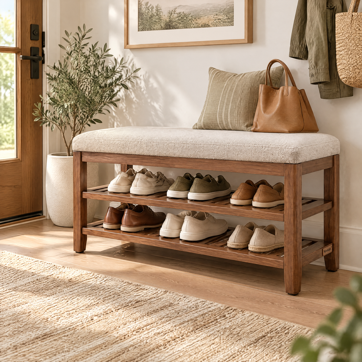 Naveqlo™ ShoeTier Two-Tier Shoe-Rack Upholstered Bench product view